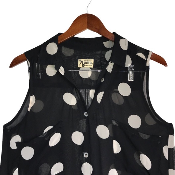 Show Me Your Mumu Black/Tan Polka Dot Sheer High Low Sleeveless Maxi Shift Dress - Picture 3 of 5